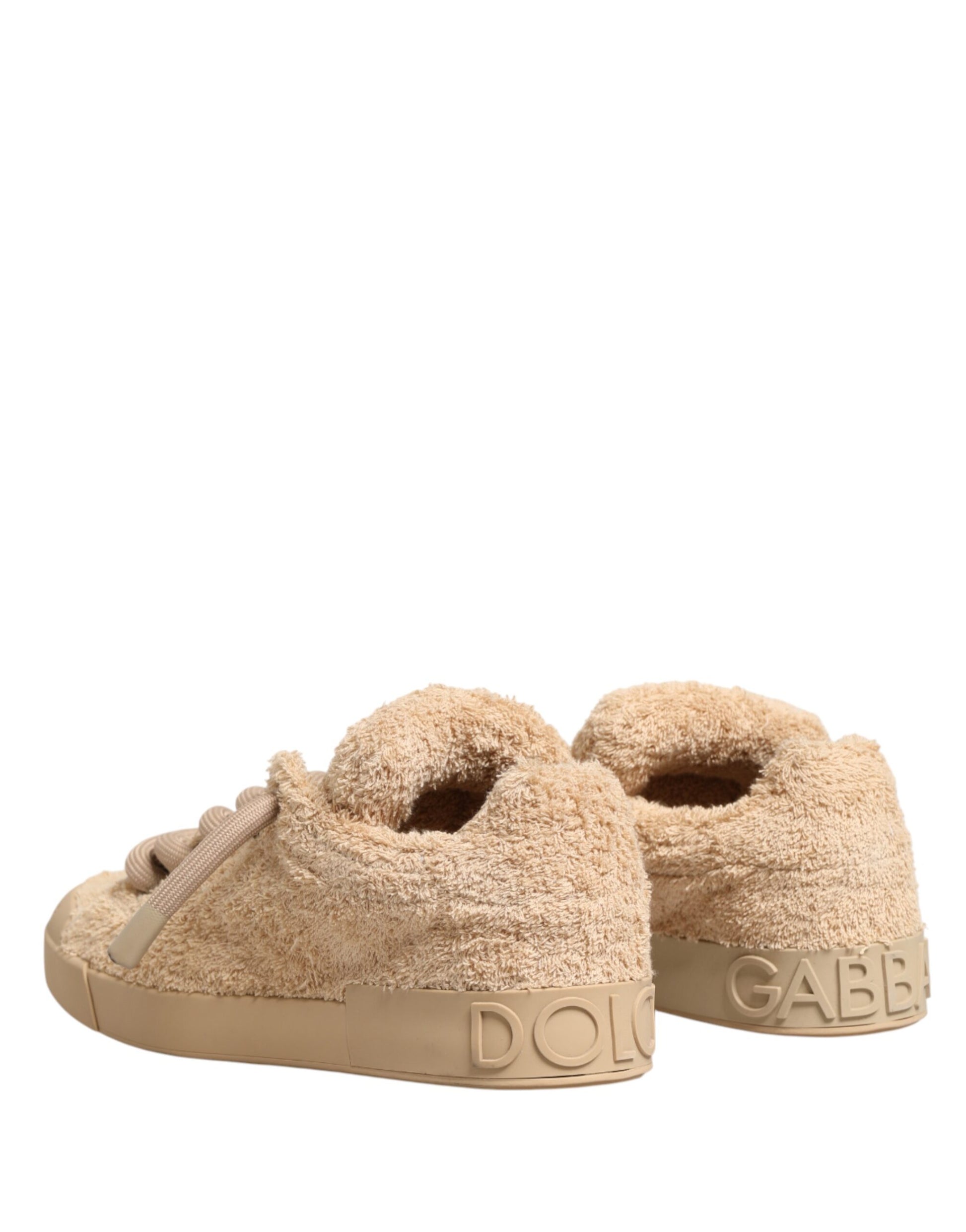 Pair of beige faux shearling low top sneakers with gold logo
