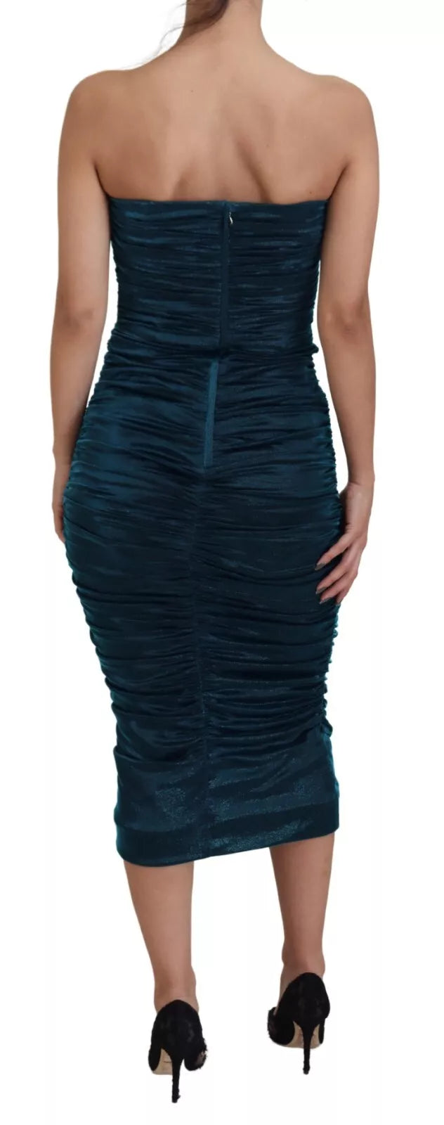 A fitted strapless dress in blue satin with a textured pattern, designed by Dolce & Gabbana