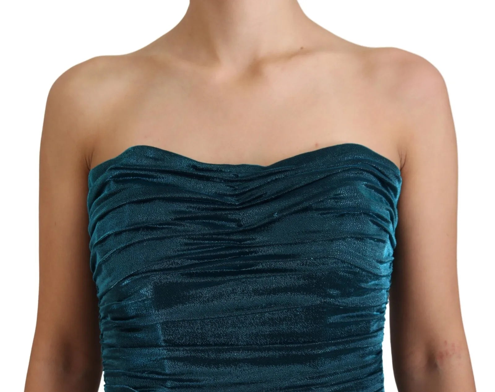 A fitted strapless dress in a blue satin blend fabric, designed by Dolce & Gabbana