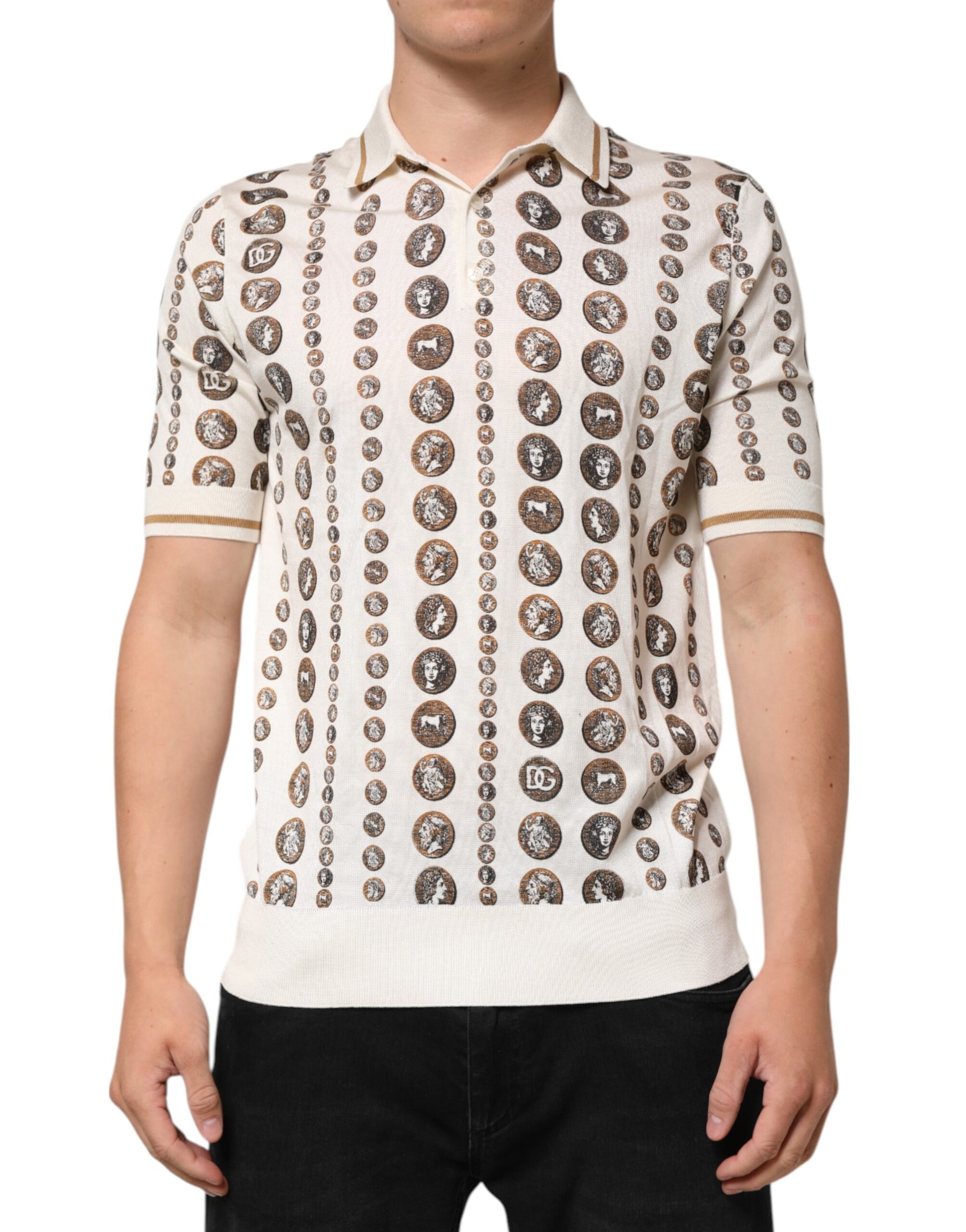 The shirt is patterned with multiple logos