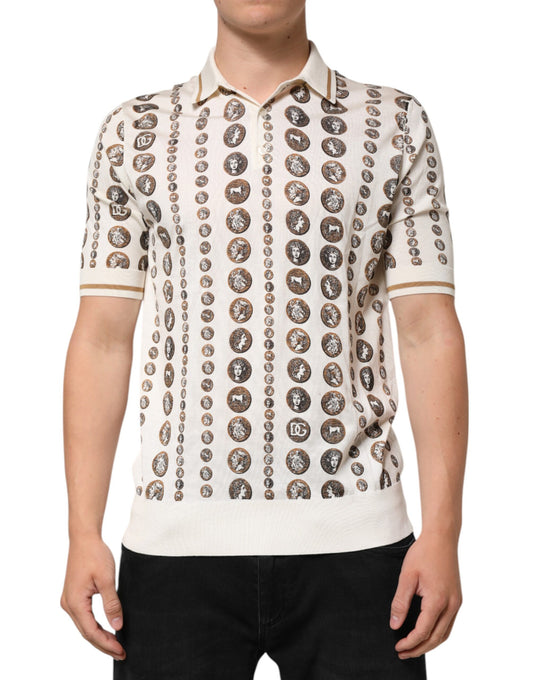 The shirt is patterned with multiple logos