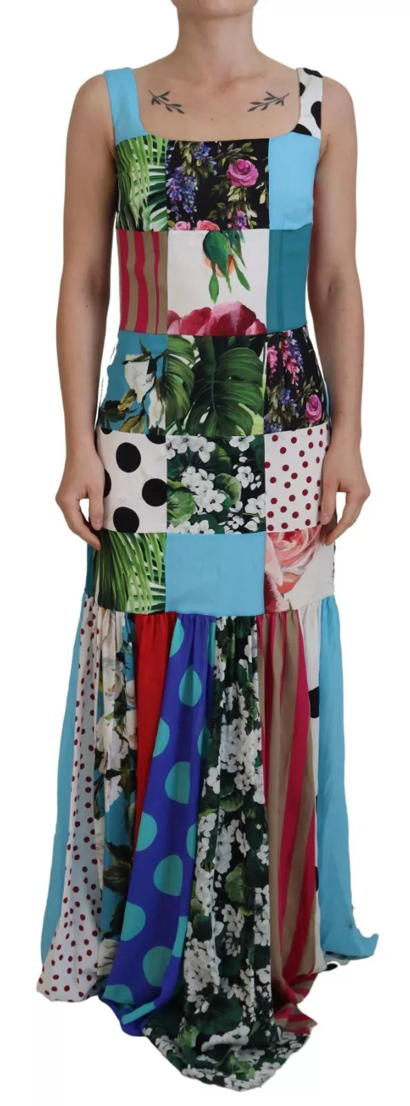 A colorful patchwork maxi dress with a sheer silk overlay