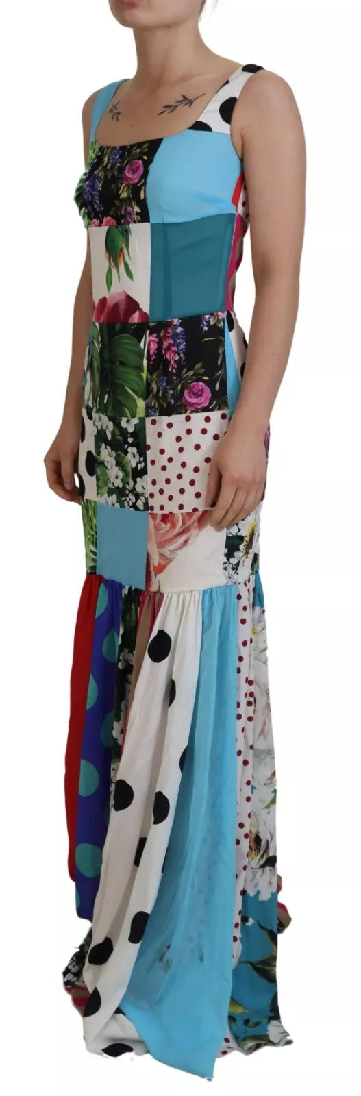 A colorful patchwork maxi dress with long sleeves and a sheath silhouette
