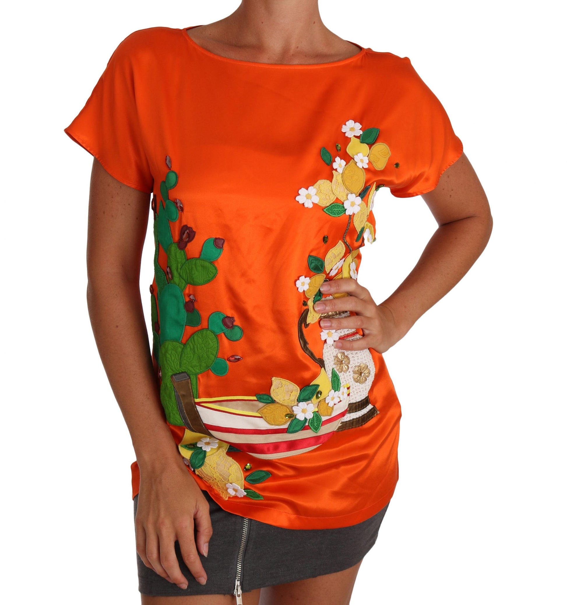 Orange shirt with floral pattern on front