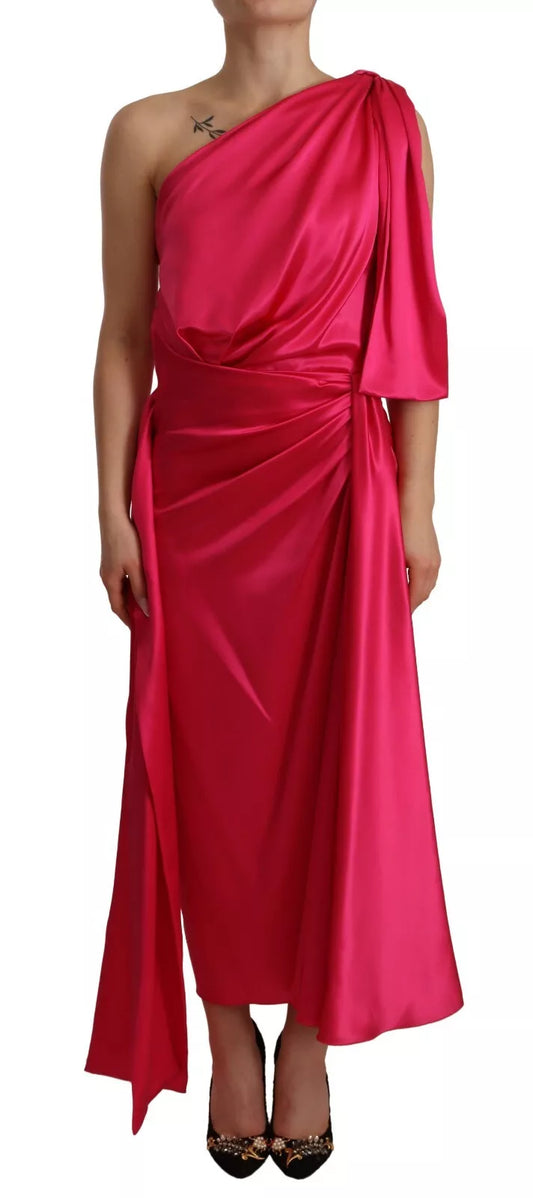 Pink strapless gown with ruffles on sides