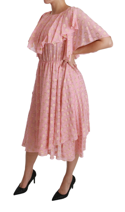 Pink polka dot midi dress with pleats and belt