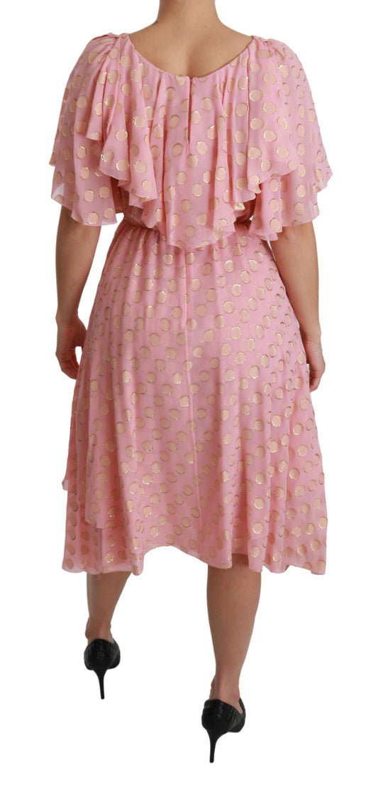 Pink polka dot midi dress with pleats and ruffles