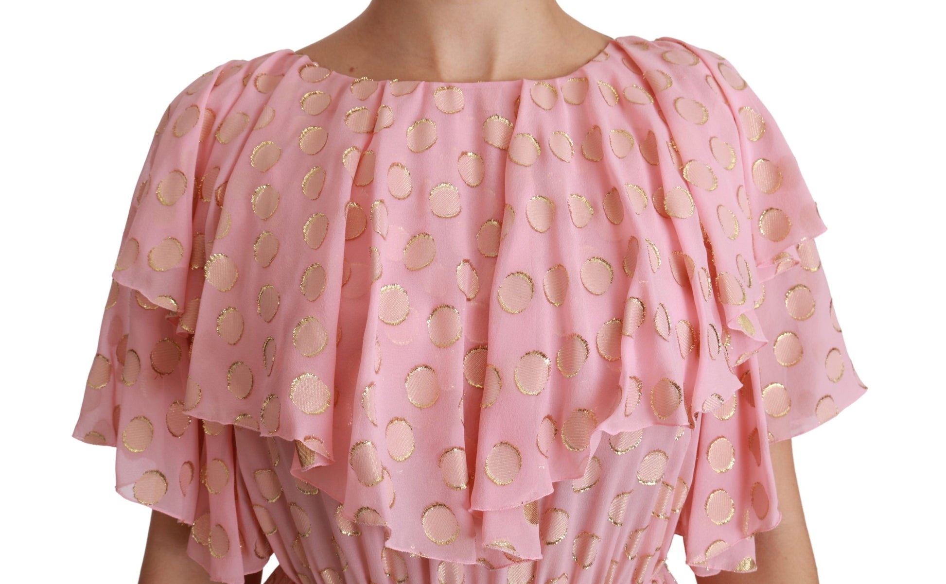 Pink polka dot pleated midi dress with gold accents