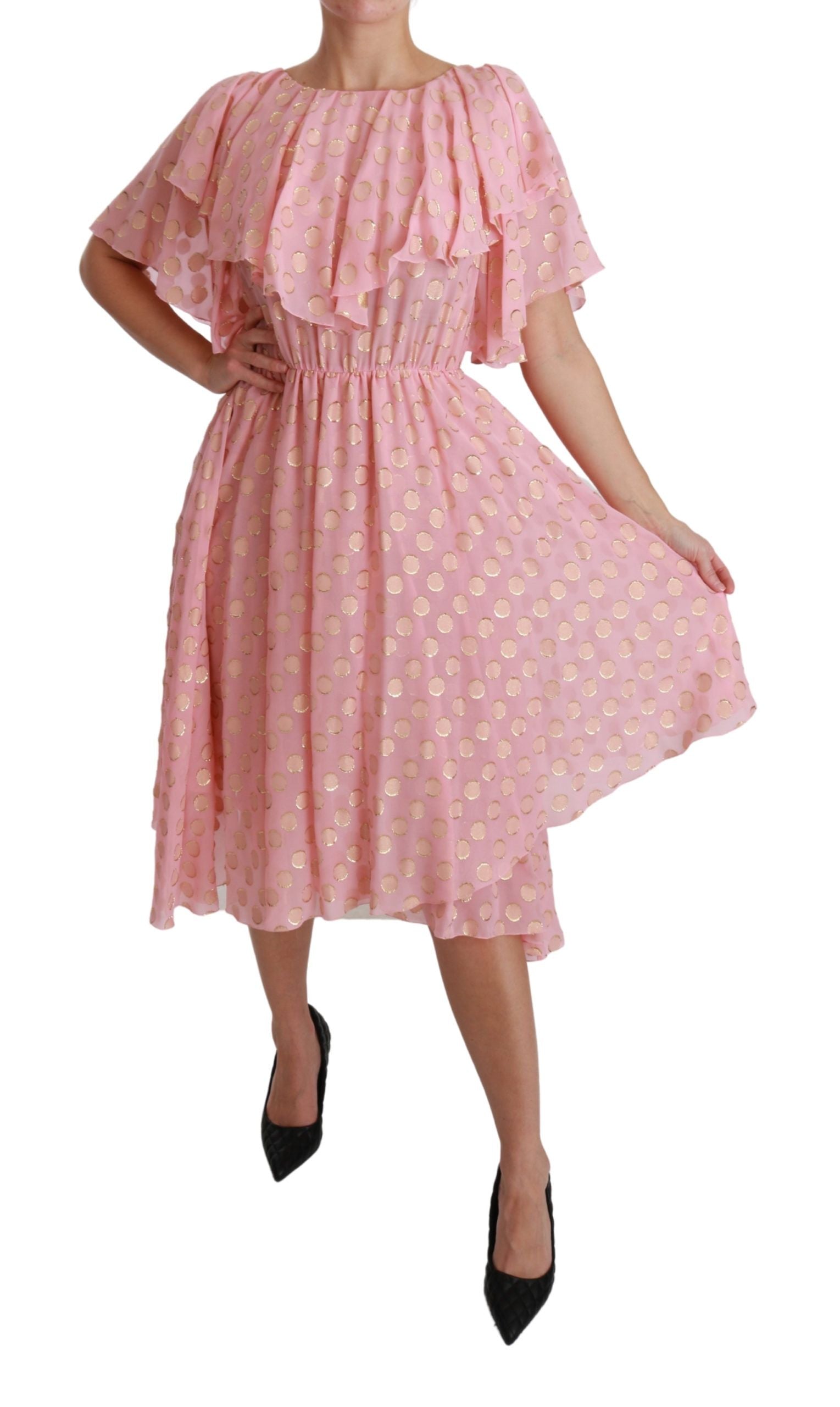 Pink polka dot midi dress with pleats and ruffles