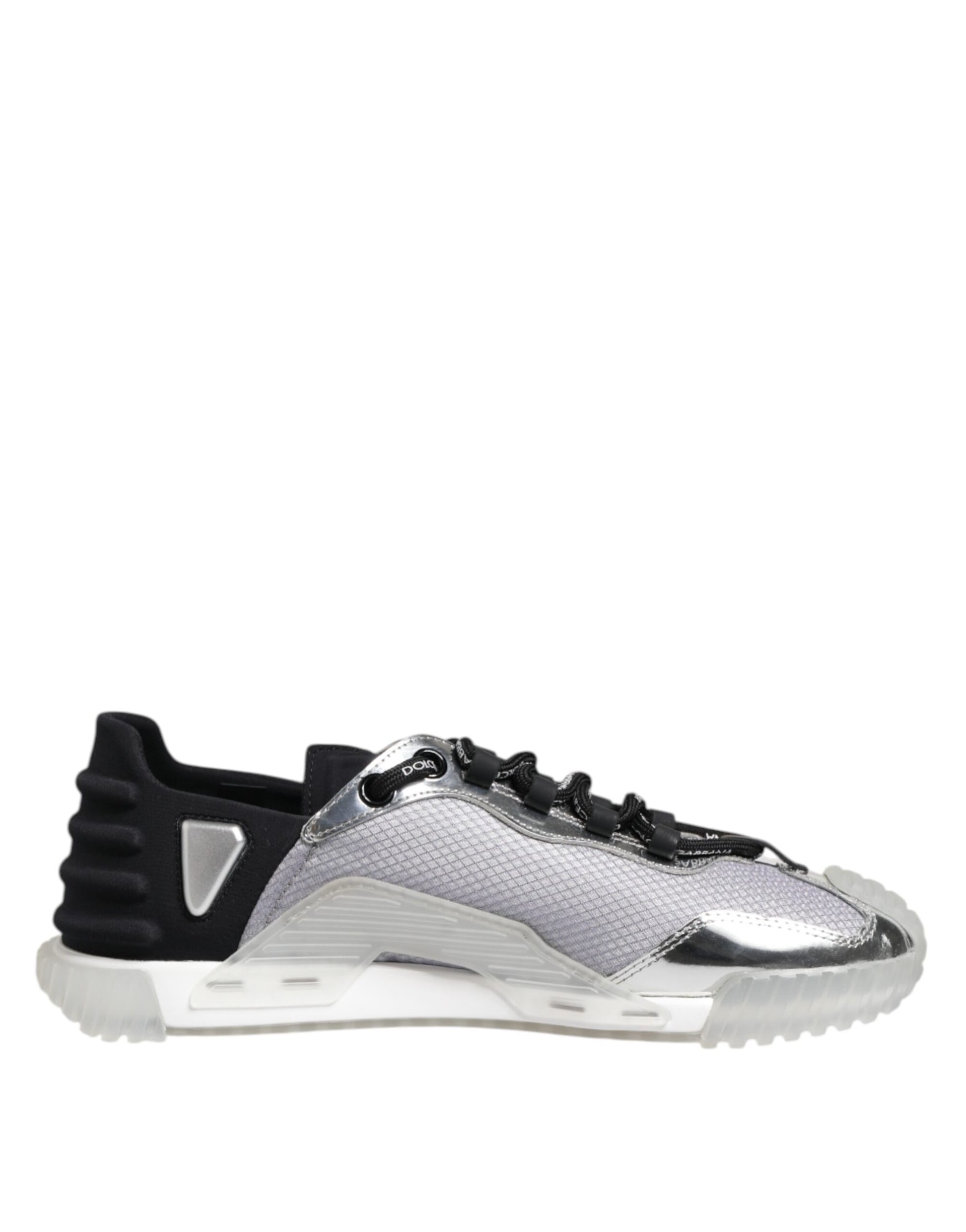 A pair of silver black nylon sneakers with a low top for men