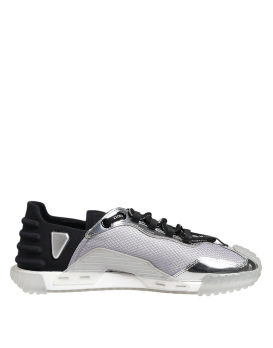 A pair of silver black nylon sneakers with a low top for men