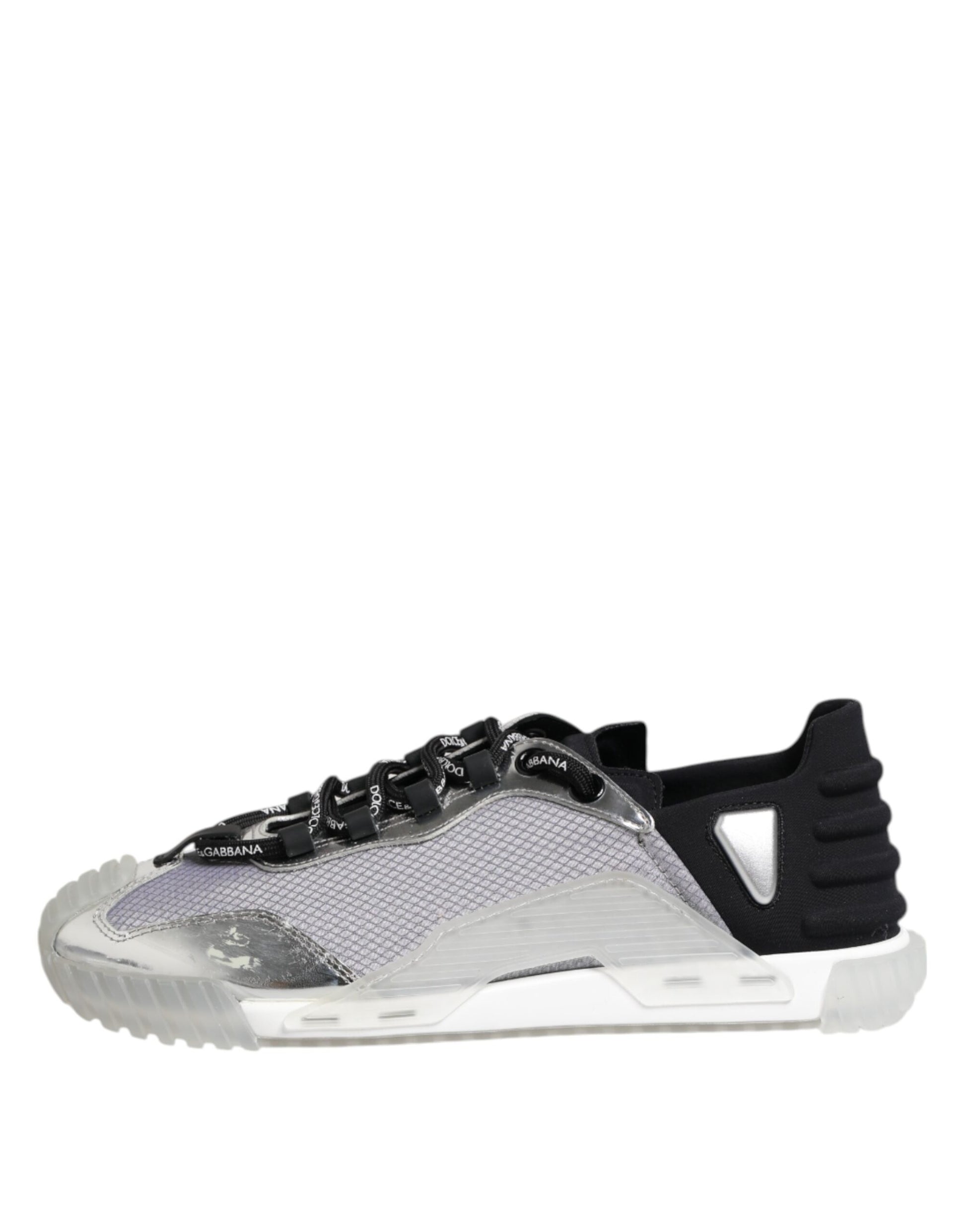 A pair of men's shoes with a silver and black nylon upper, featuring laces and a low top design
