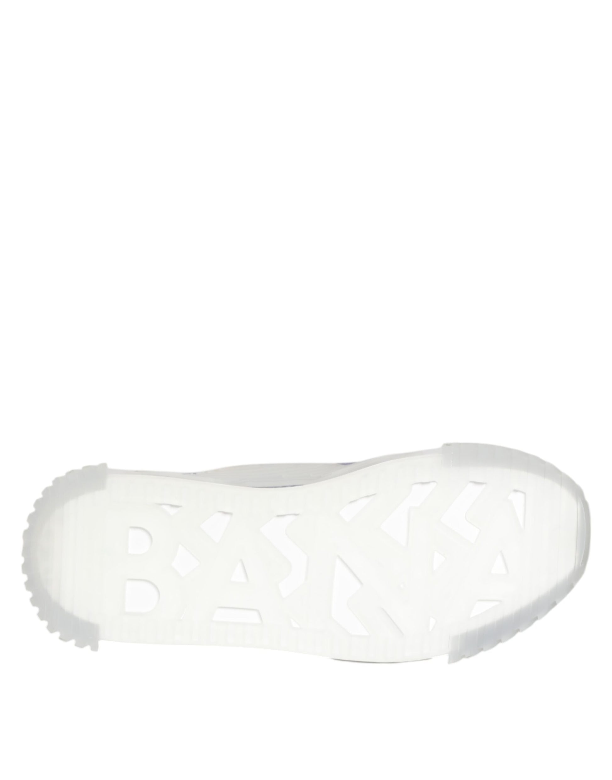 A single white sneaker with black laces and a silver logo on the side
