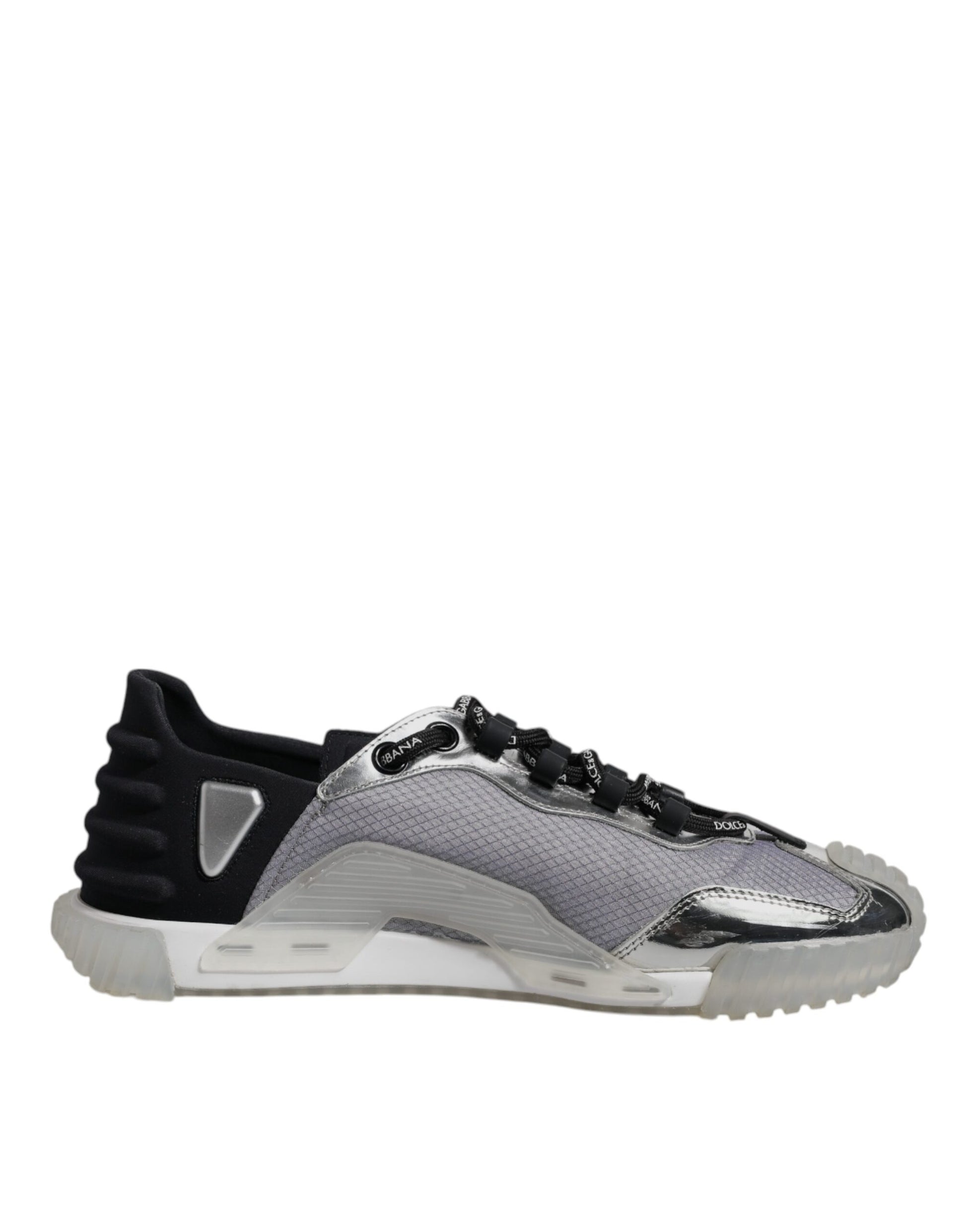 Grey and black sneaker with white sole
