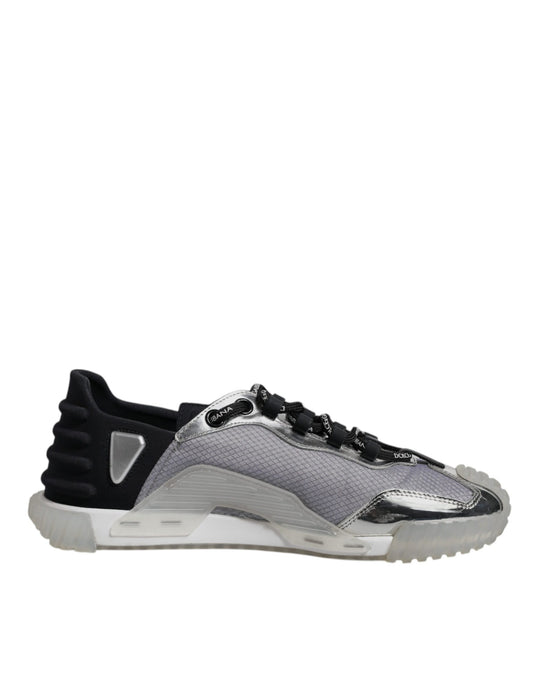 Grey and black sneaker with white sole
