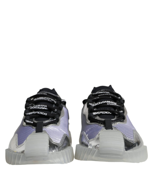 Pair of silver black nylon sneakers with laces and a low top