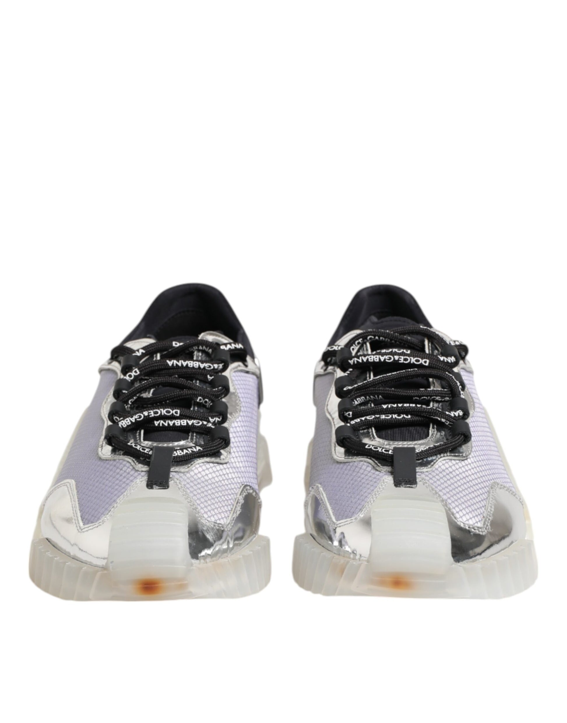 Pair of silver and black nylon sneakers with laces, featuring a low top design