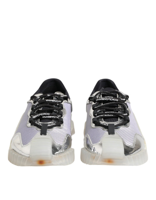 Pair of silver and black nylon sneakers with laces, featuring a low top design