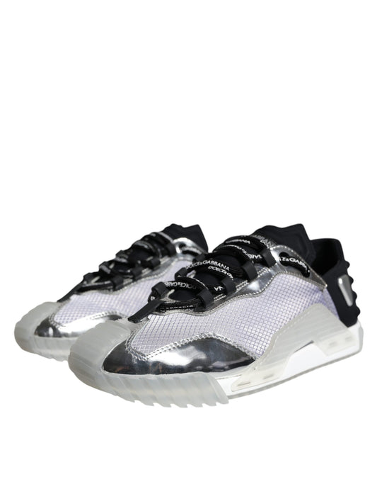 Pair of silver and black nylon sneakers with laces, featuring a low top design