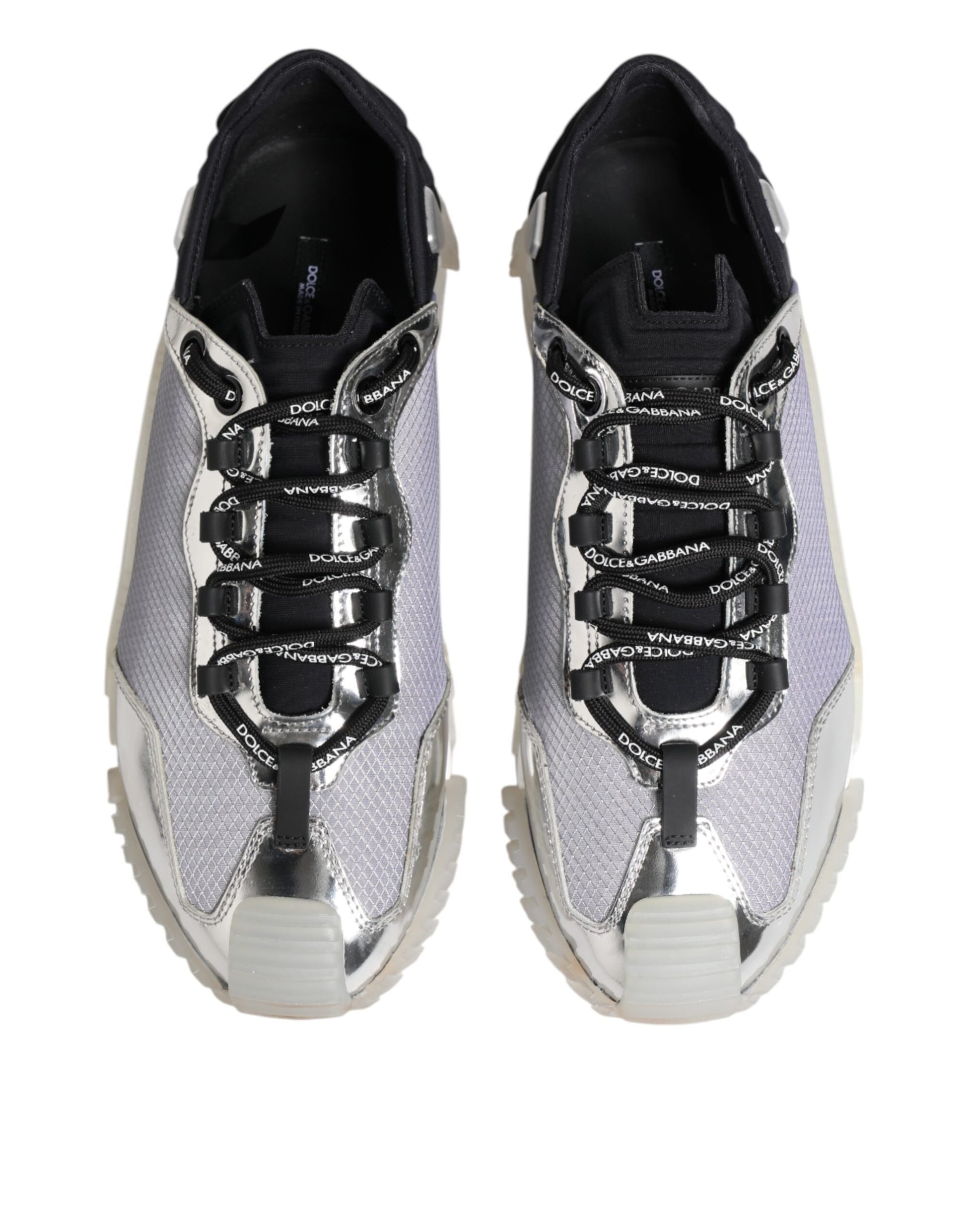 Pair of silver black nylon sneakers with laces and a low top