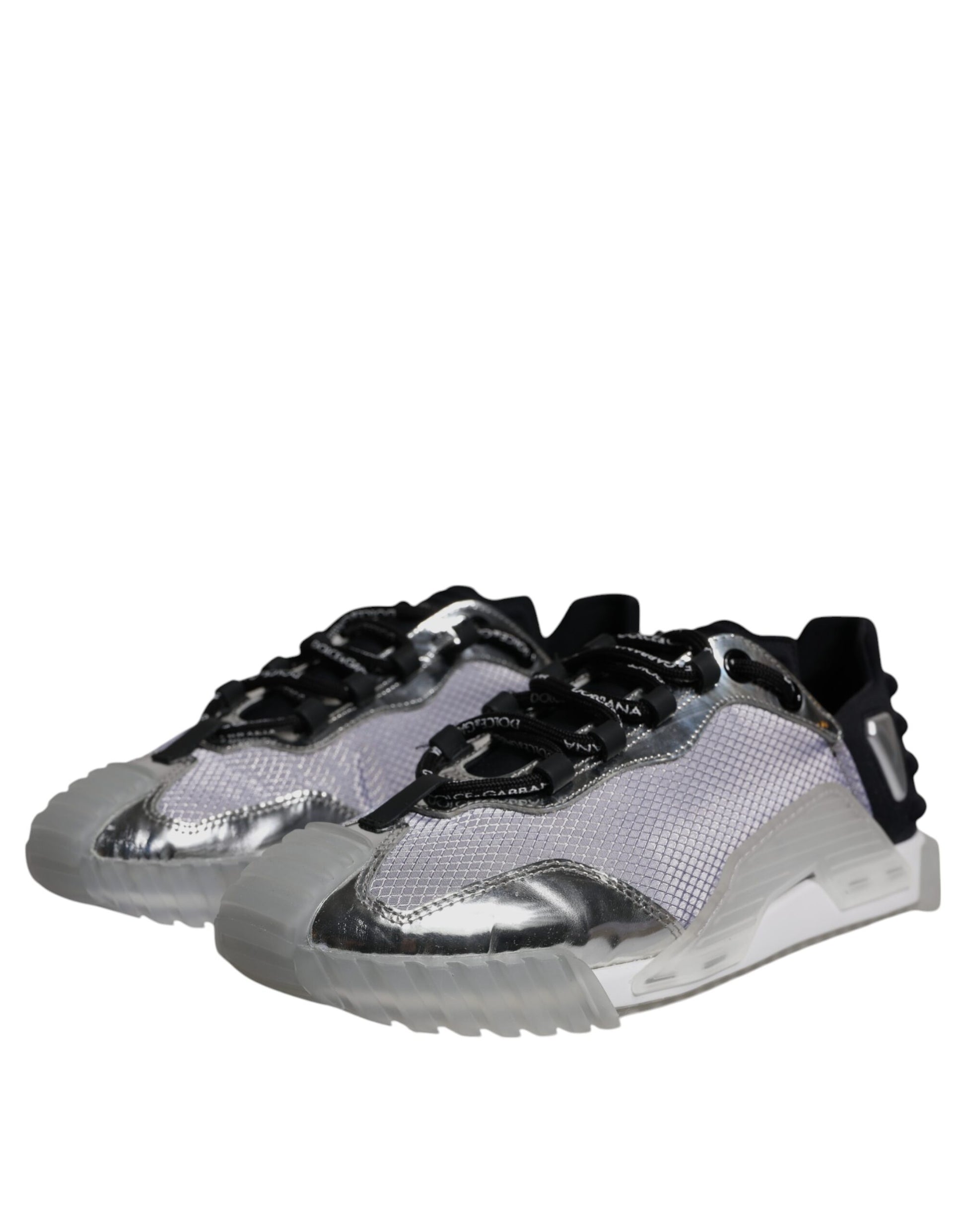 A pair of silver and black nylon sneakers with a low top, featuring a glittery texture