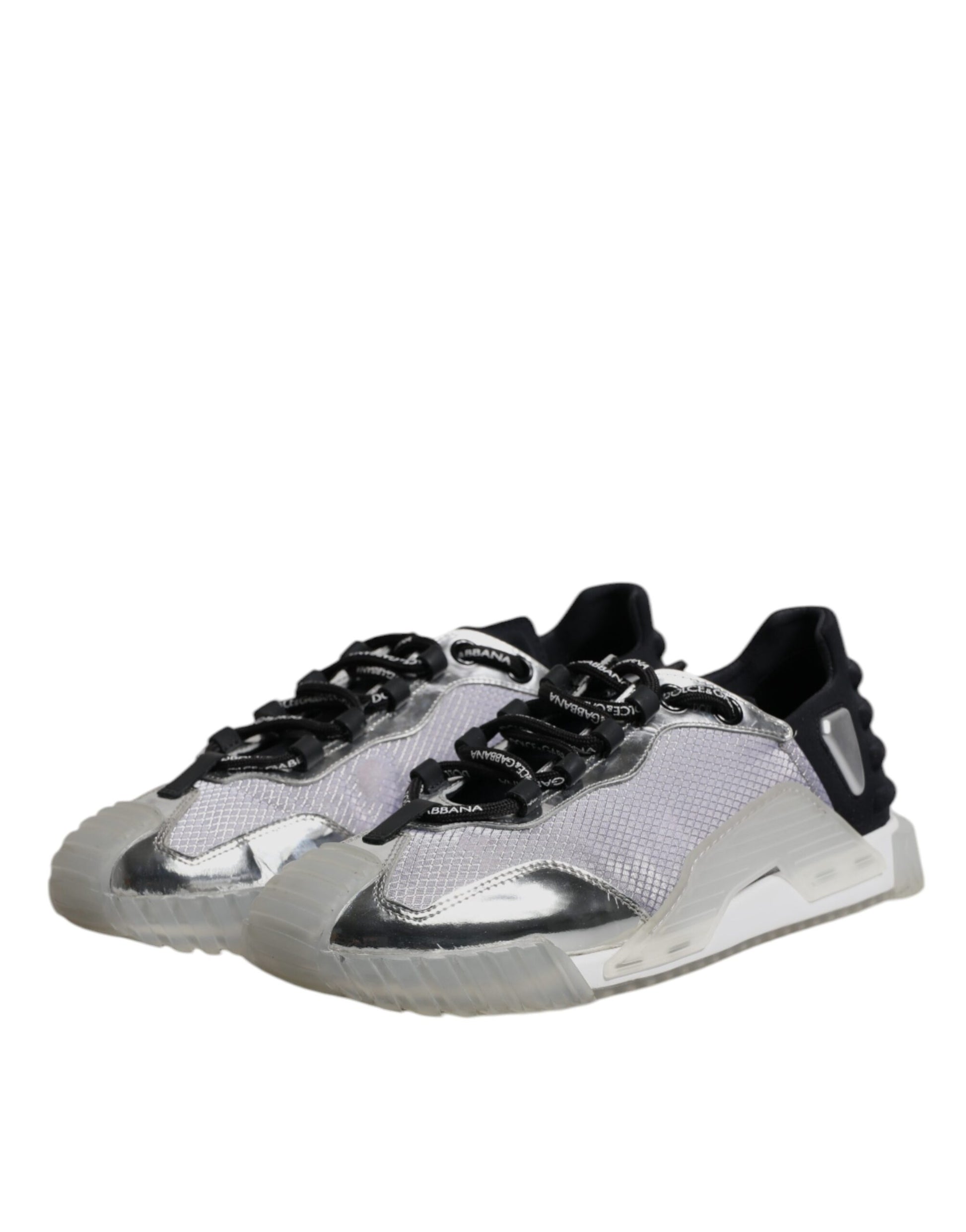 Athletic shoe with laces, black sole, and white stripe on side