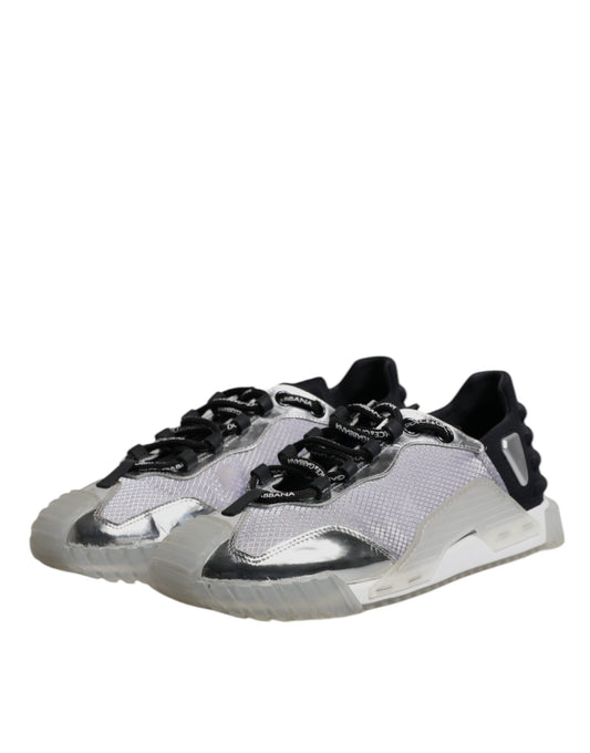 Athletic shoe with laces, black sole, and white stripe on side
