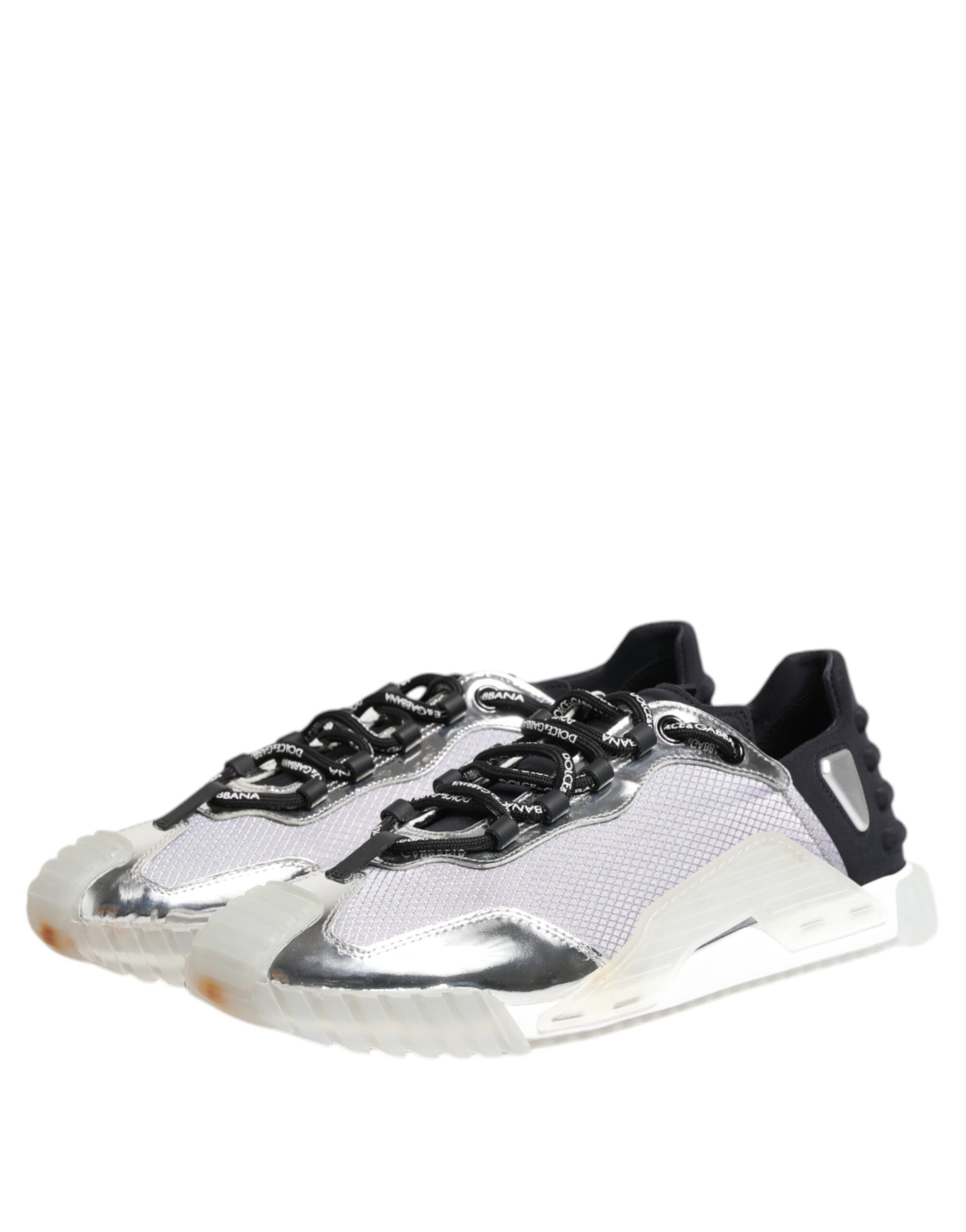 A pair of silver black nylon sneakers with laces and a low top