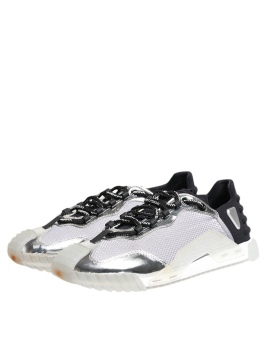 A pair of silver black nylon sneakers with laces and a low top