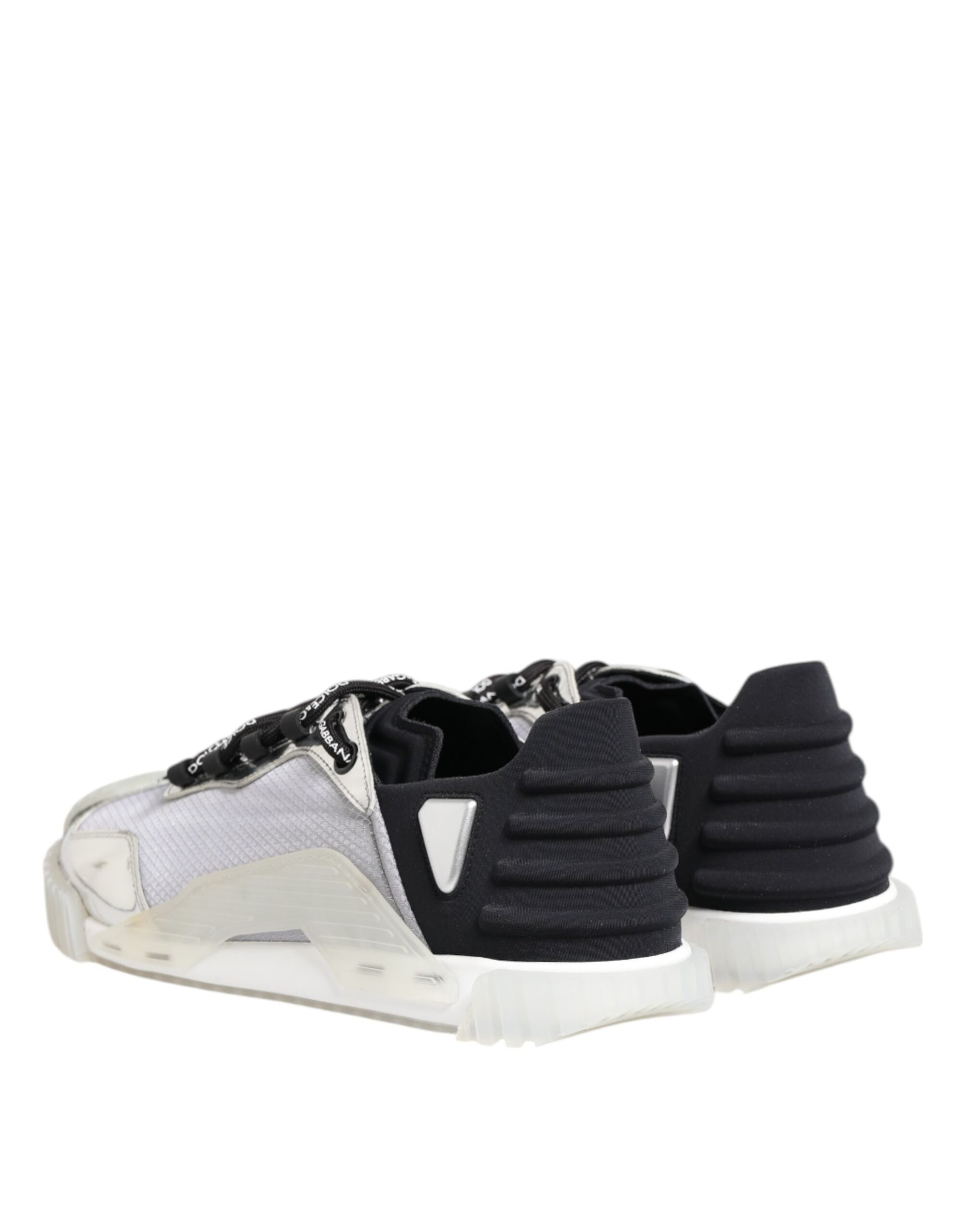 A pair of black and silver nylon sneakers with a low top, featuring a chunky sole design