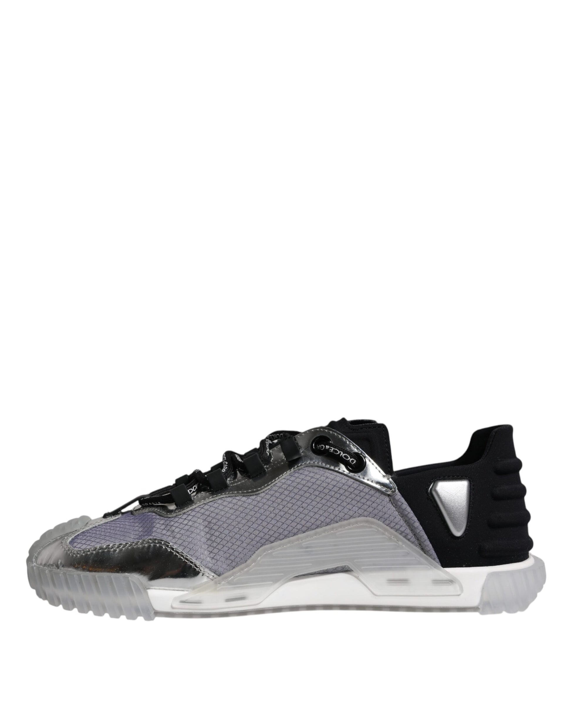 A pair of silver black nylon sneakers with laces and a low top
