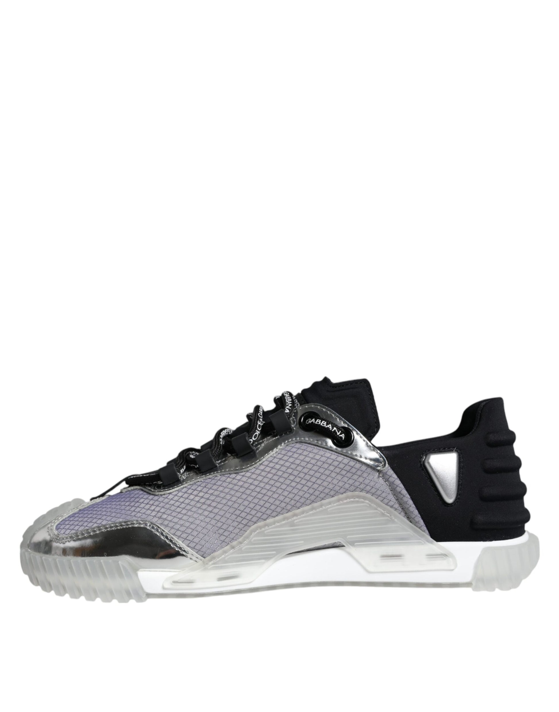 A pair of silver black nylon sneakers with laces and a low top