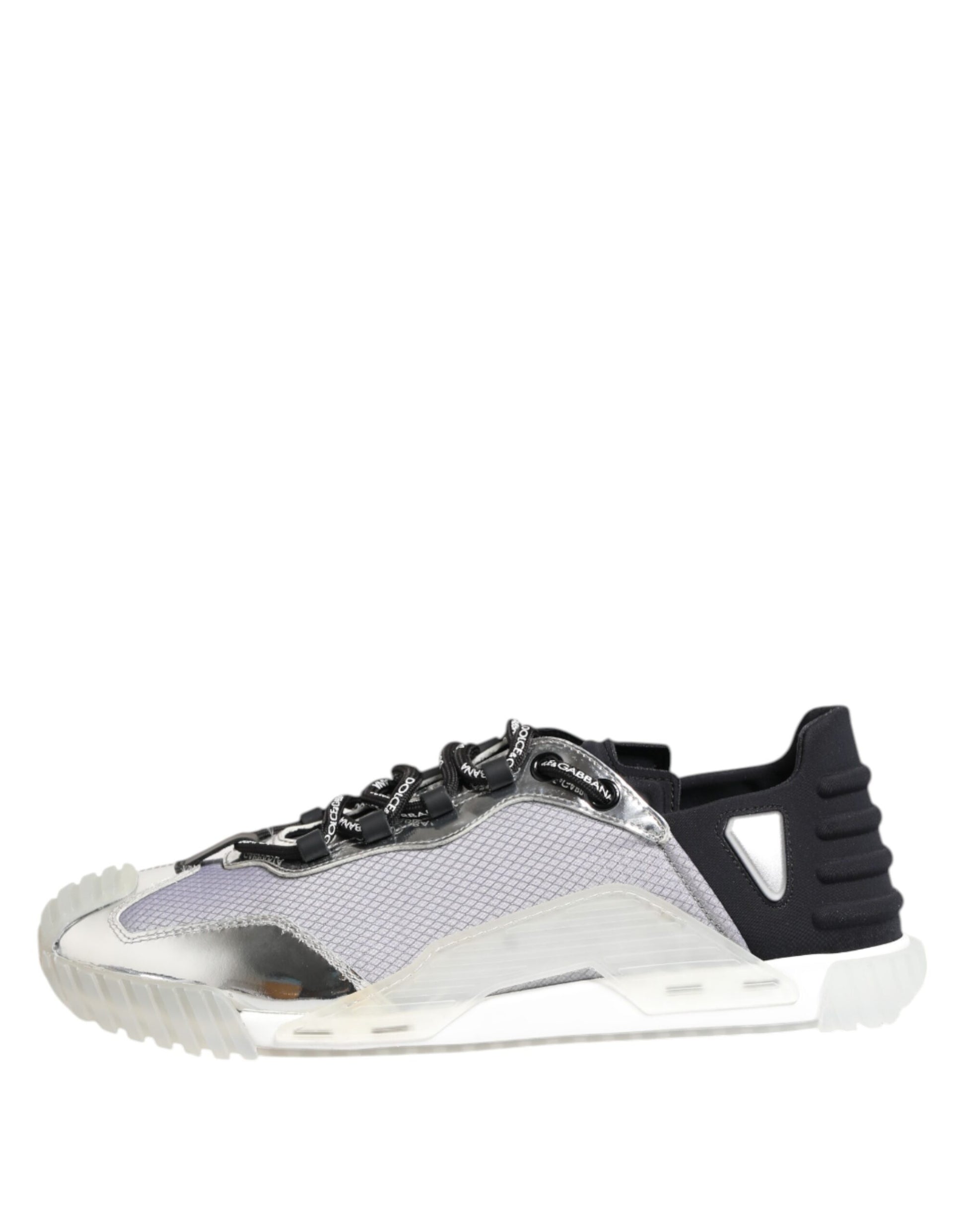 A pair of black and silver nylon sneakers with a low top, featuring laces and a chunky sole