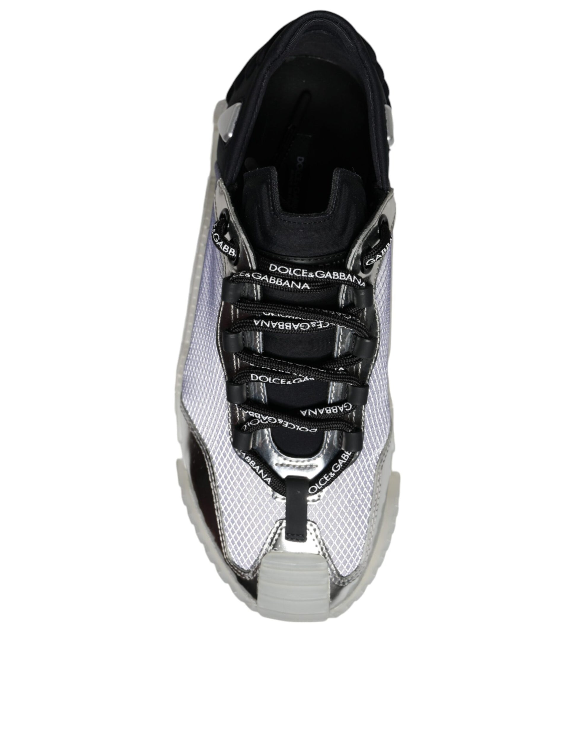 A pair of black and silver nylon sneakers with a low top, featuring the Dolce & Gabbana logo