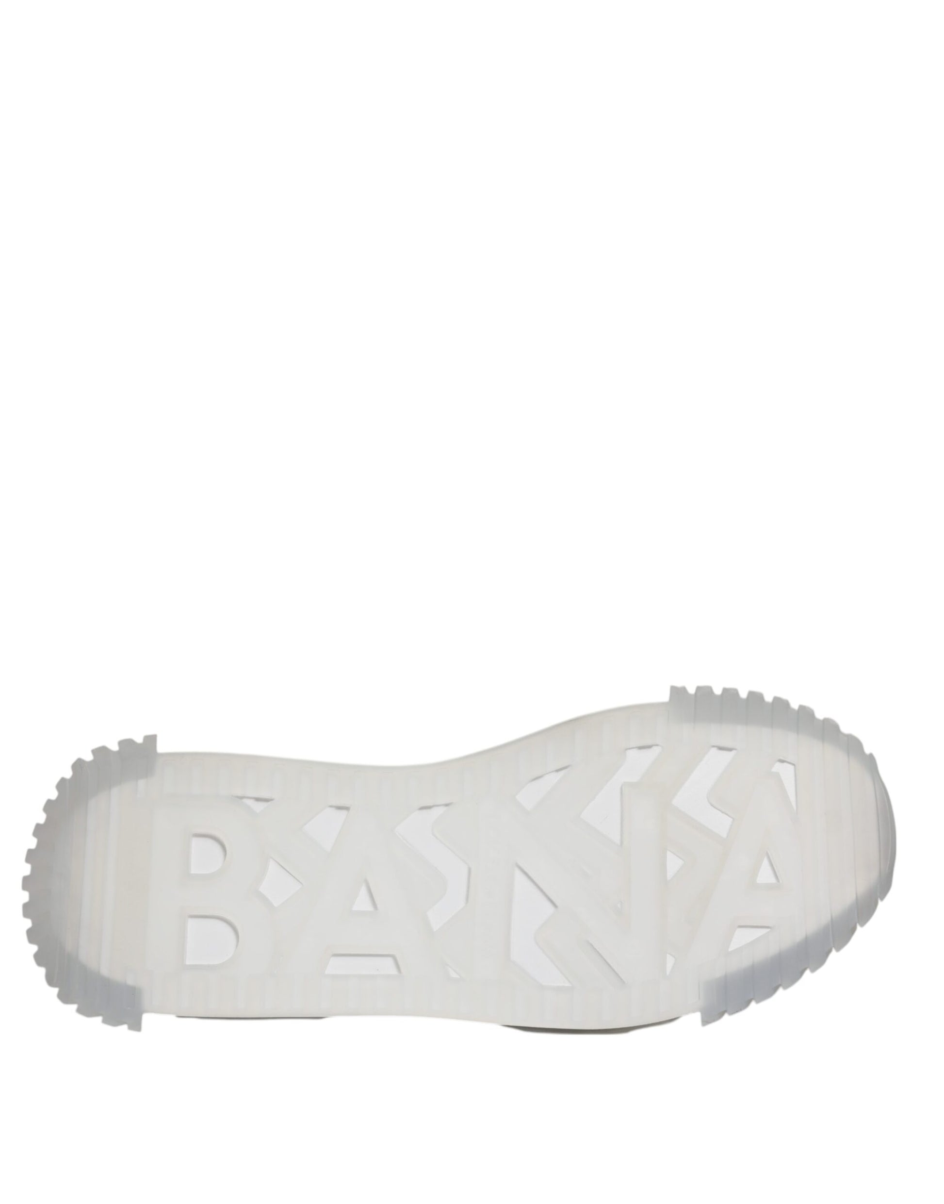 White sole of a shoe with black lettering