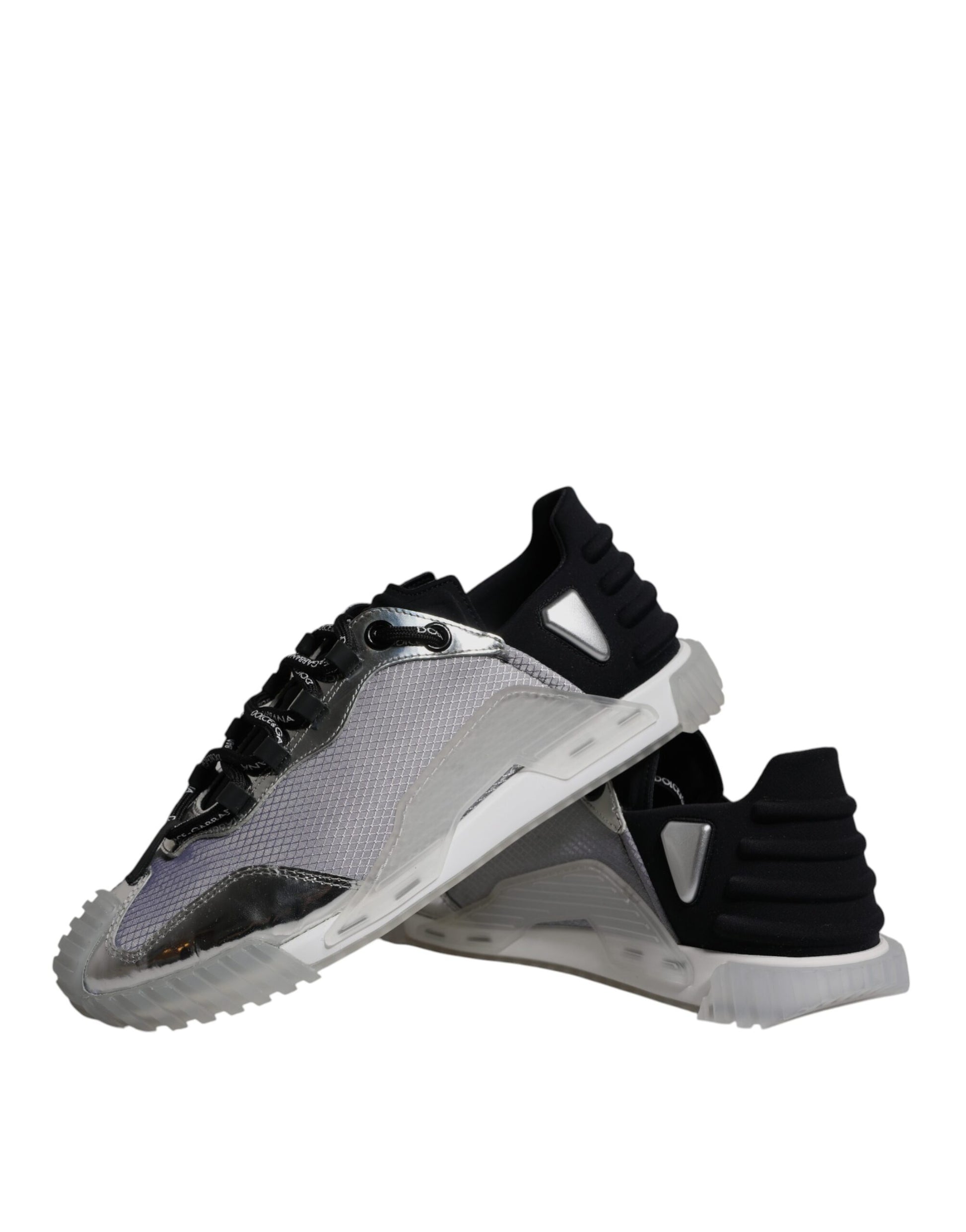 A pair of silver and black nylon sneakers with a low top, featuring a lace-up front and a chunky sole