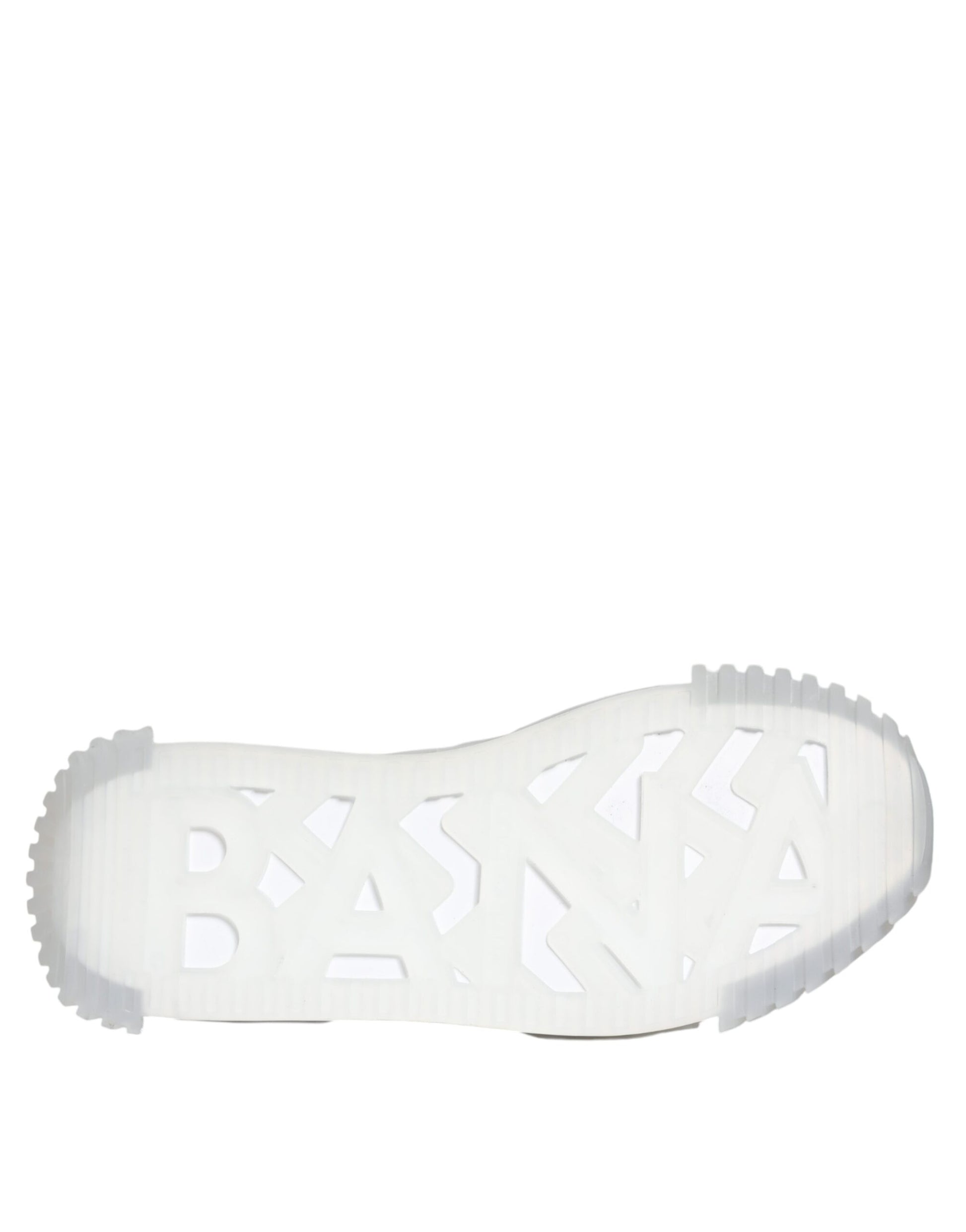 White sneaker with black sole, featuring silver accents and nylon material