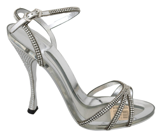 Silver high heel shoe with rhinestones on straps and toe