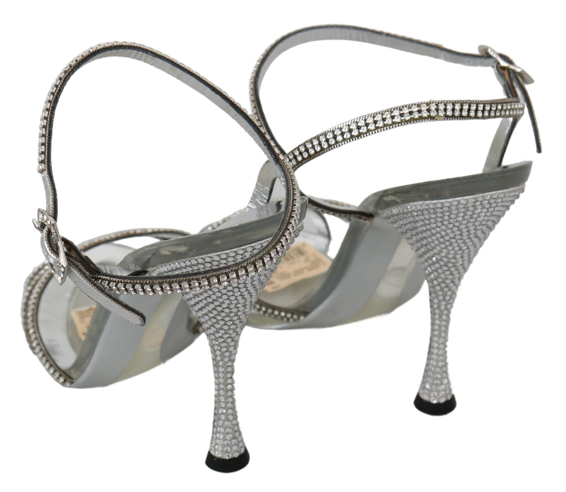 Silver high heel shoes with rhinestones on straps and heels