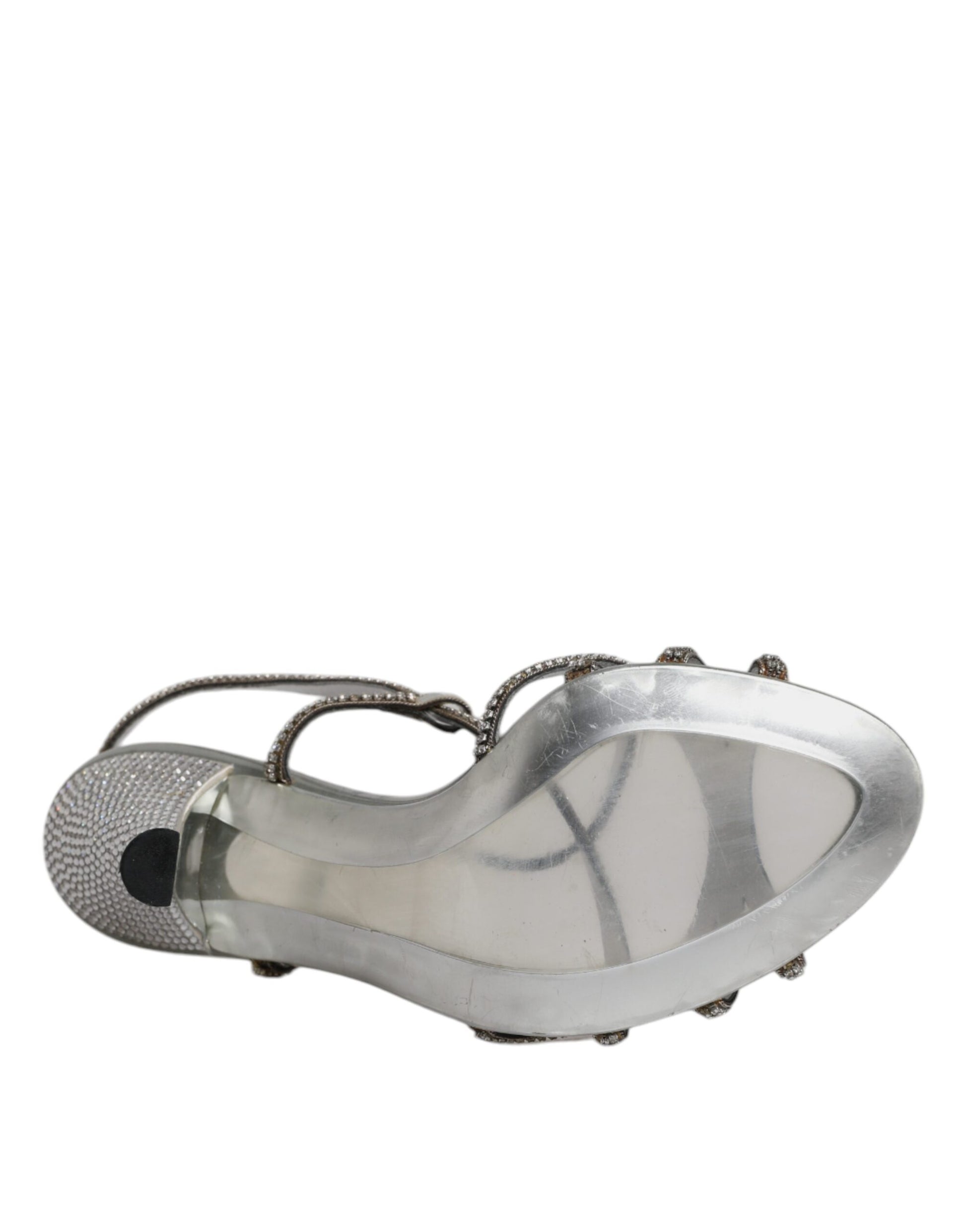 Silver sandal with a round toe and ankle strap