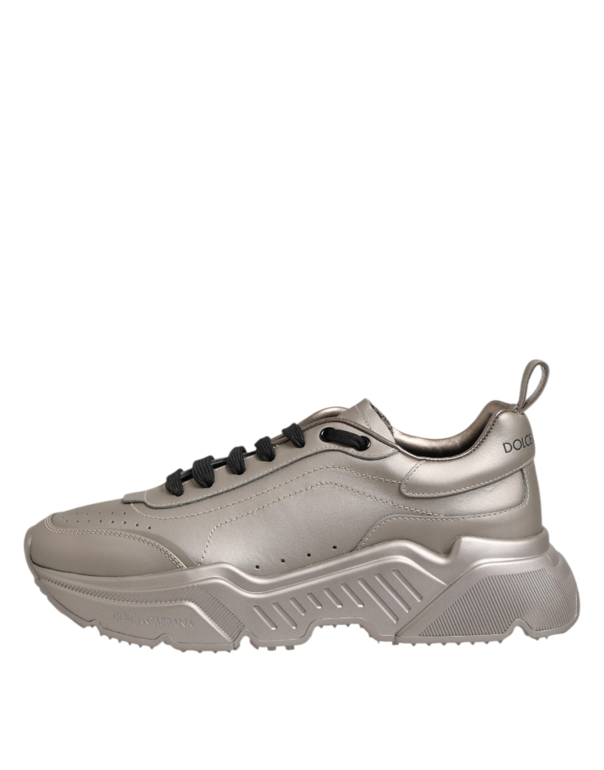 Silver sneaker with black laces and white sole