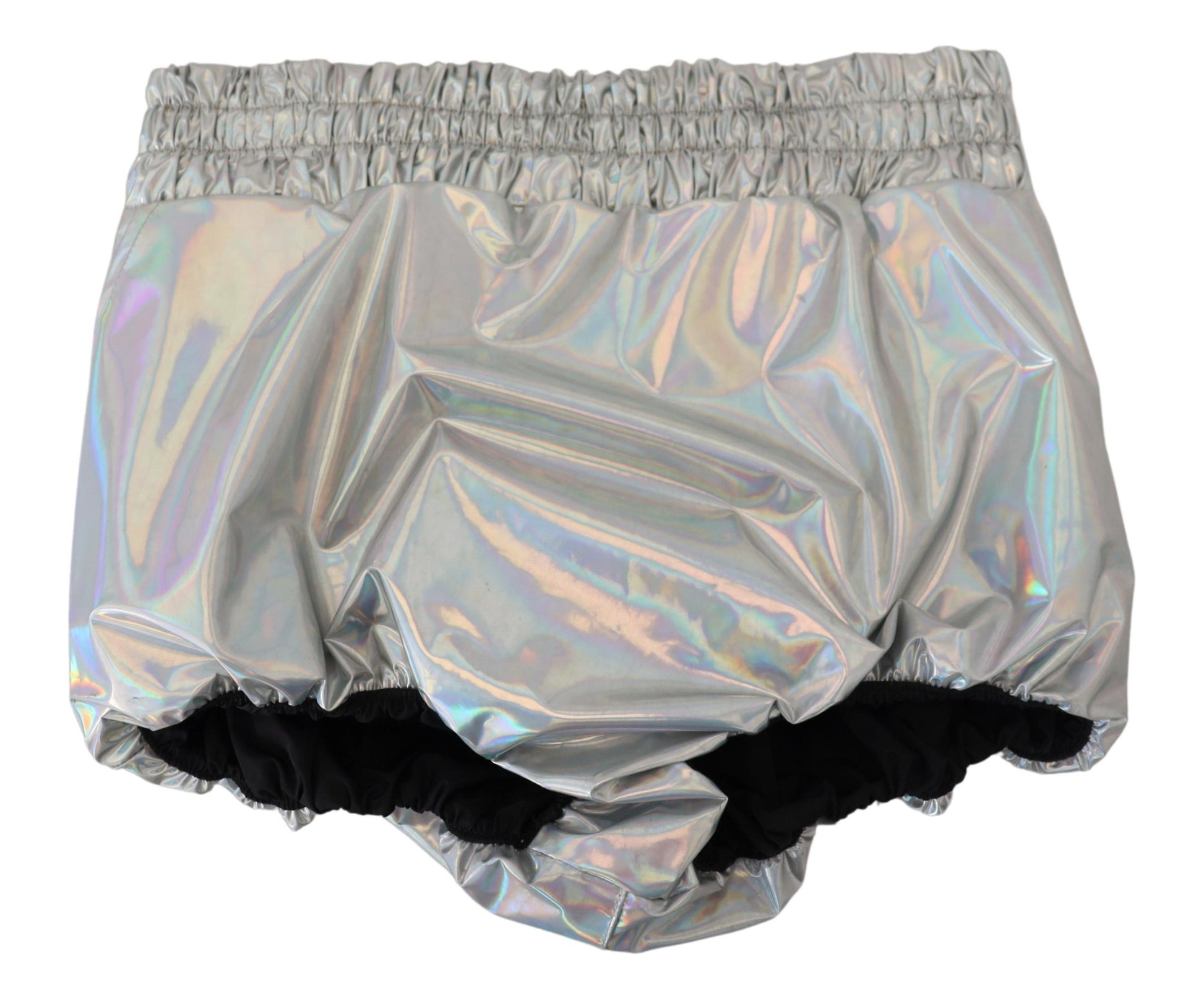 Silver metallic foil shorts with black trim