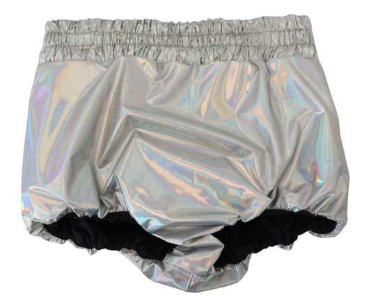 Silver metallic foil shorts with black trim