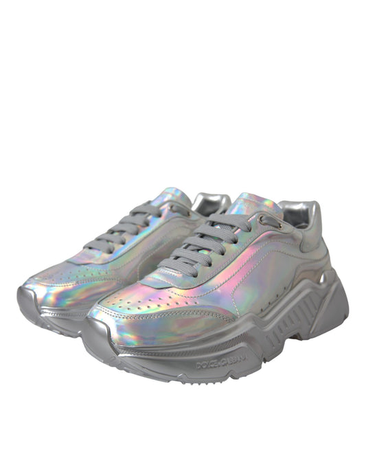 Pair of silver and pink sneakers with reflective material