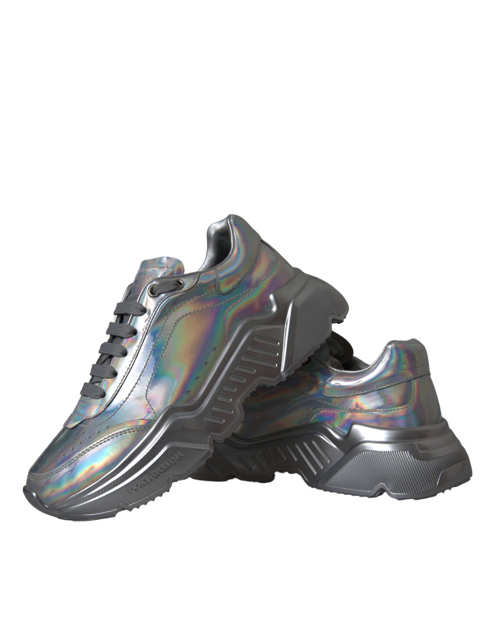 A pair of sneakers with a glittery, iridescent finish that reflects light and colors. They have a high top design and app