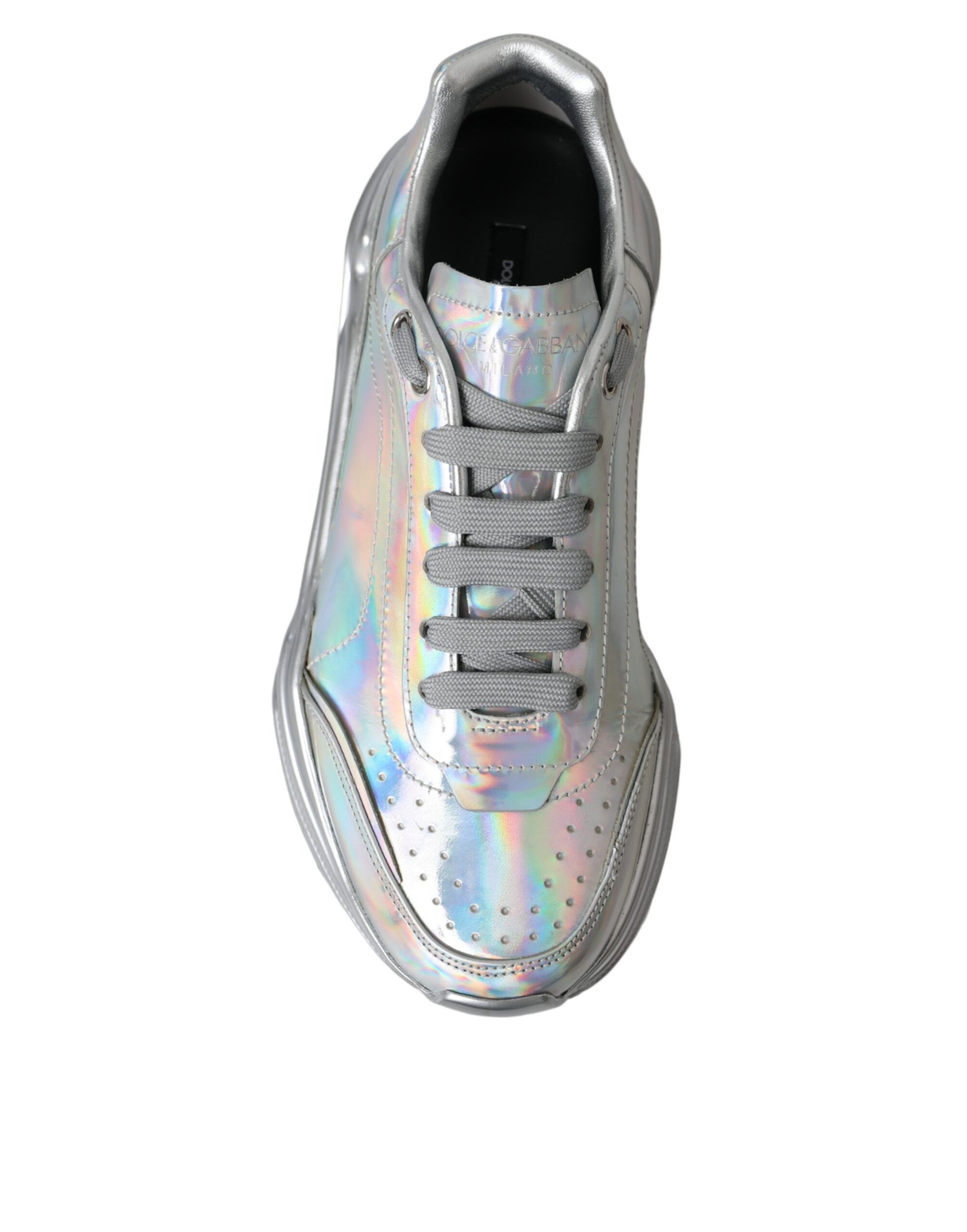 Silver sneaker with white sole and laces