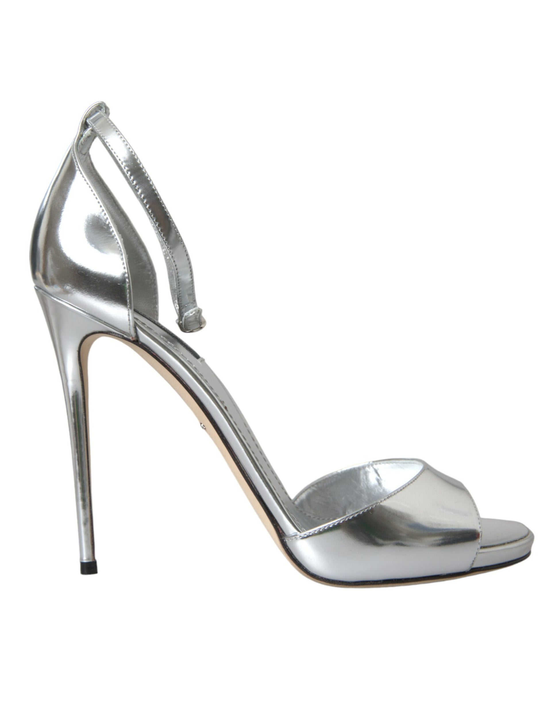 Silver high heel shoe with ankle strap and open toe design