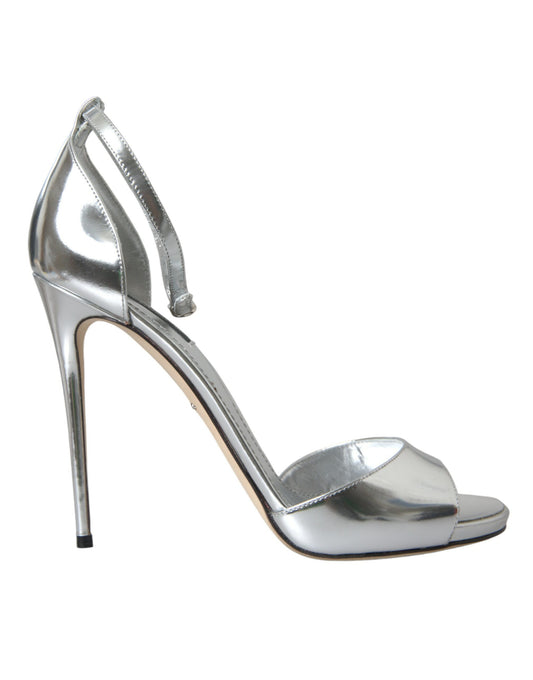 Silver high heel shoe with ankle strap and open toe design