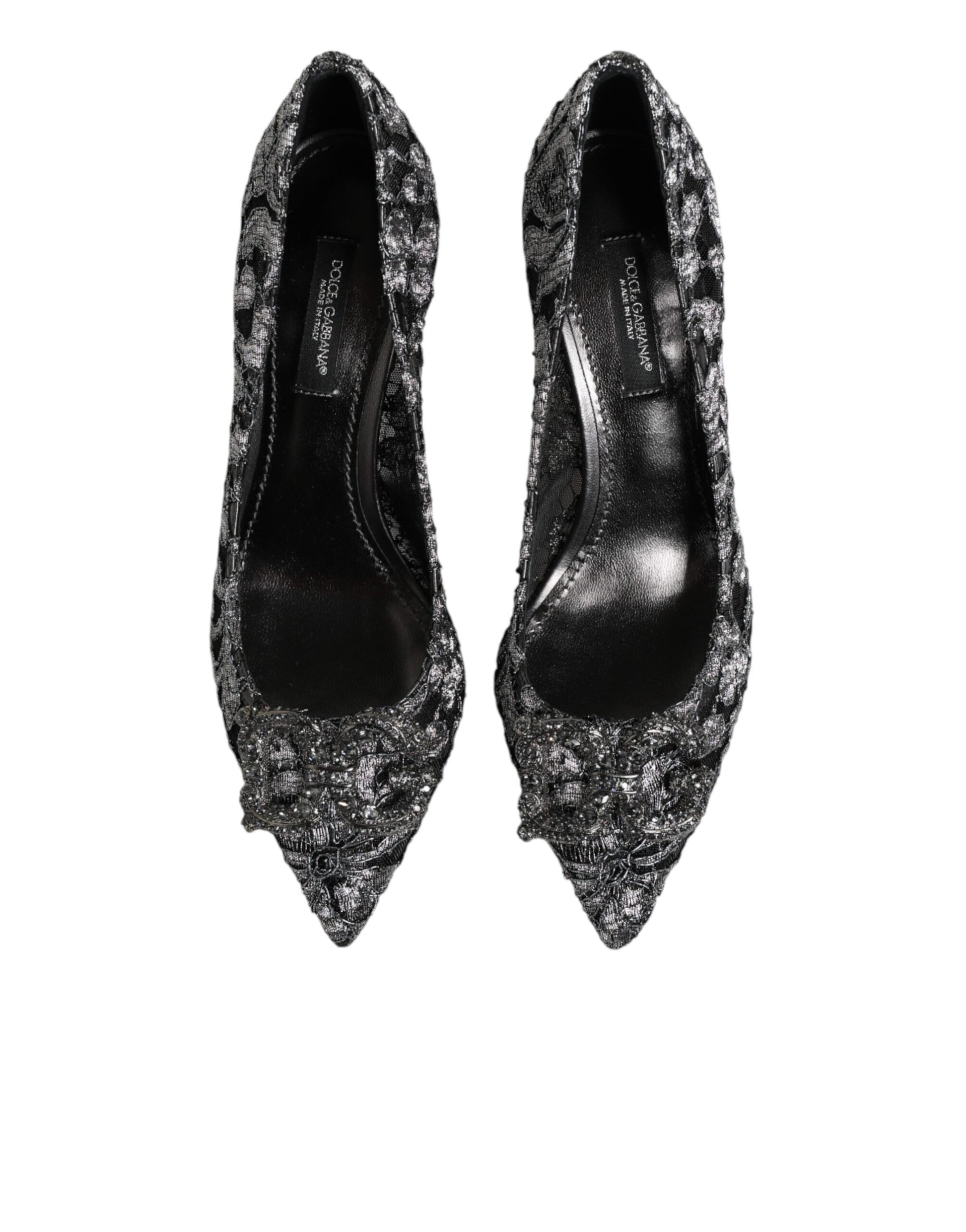 Pair of black high heel shoes with glittery embellishments