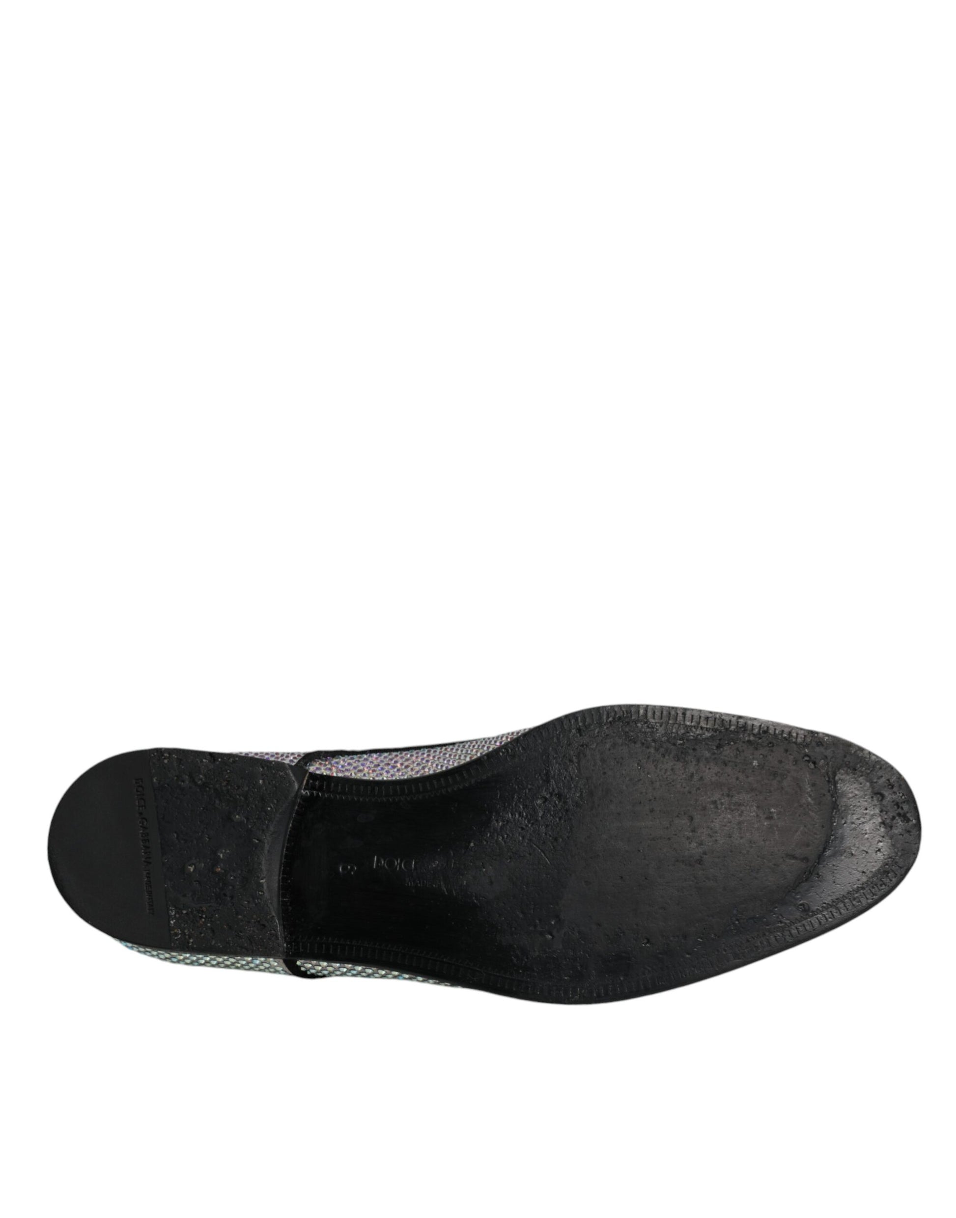 A single black shoe with silver rhinestones and a textured surface, part of the Dolce & Gabbana Silver Leather Rhinestones De